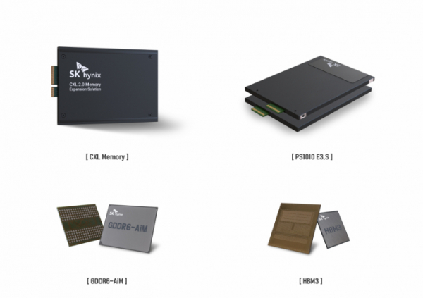 ▲SK하이닉스가 CES 2023에서 주력 메모리 제품과 신규 라인업을 선보인다. (왼쪽 위부터 시계 방향으로) △CXL Memory △PS1010 E3.S △HBM3 △GDDR6-AiM (사진제공=SK하이닉스)