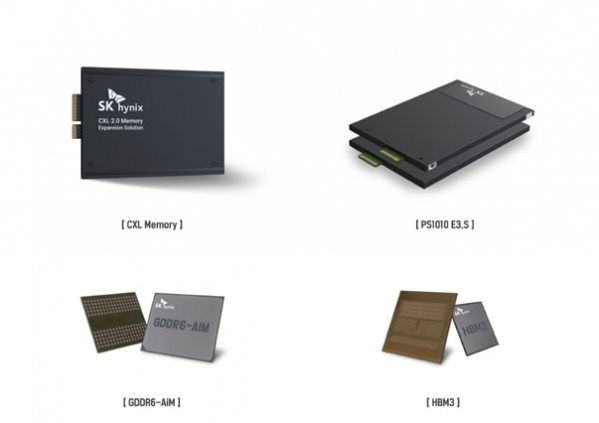 ▲SK하이닉스가 CES 2023에서 주력 메모리 제품과 신규 라인업을 선보인다. (왼쪽 위부터 시계 방향으로) CXL 메모리, PS1010 E3.S, HBM3, GDDR6-AiM. (사진제공=SK하이닉스)