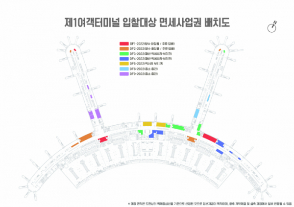 ▲제1여객터미널 입찰대상 면세사업권 배치도. (사진제공=인천공항공사)