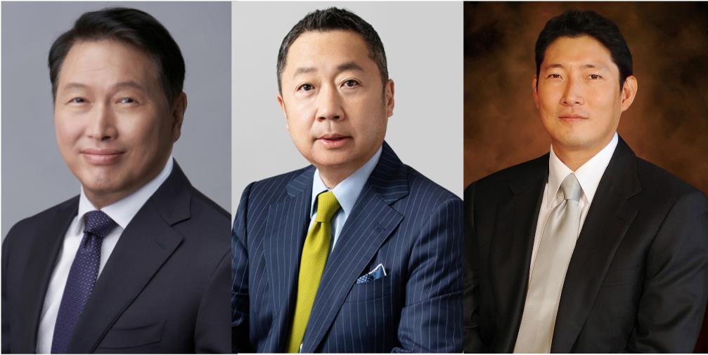 ▲(왼쪽부터)최태원 SK그룹 회장, 박정원 두산그룹 회장, 조현준 효성그룹 회장. (사진제공=각사)