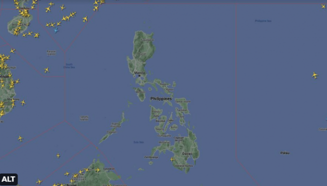 ▲항공기 운항 중단된 필리핀 상공. 출처 플라이트트레이더24 트위터 캡처