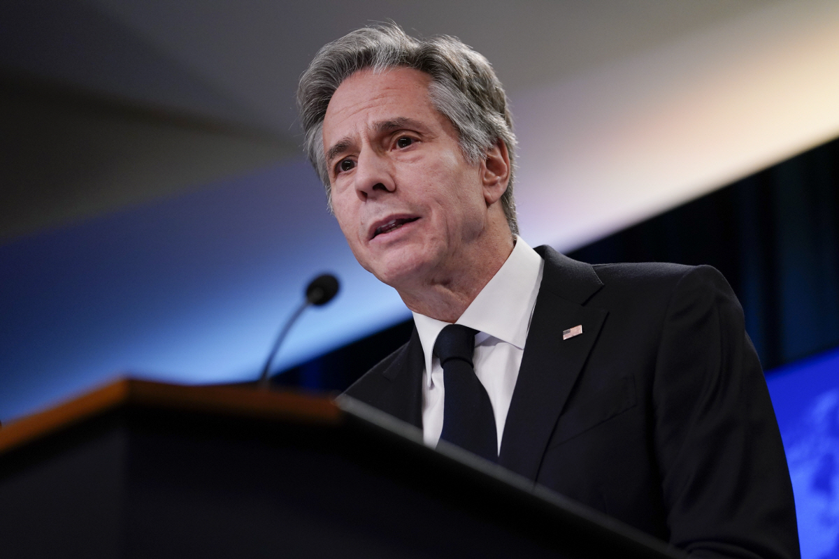 ▲토니 블링컨 미국 국무장관이 지난달 22일 기자회견을 하고 있다. 워싱턴D.C./AP연합뉴스