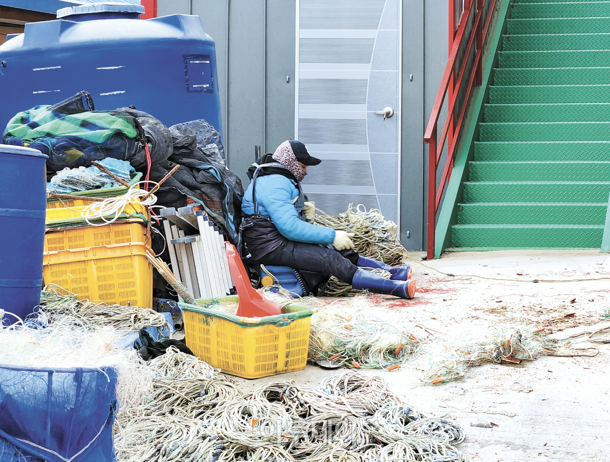 ▲지난해 12월 16일 오후 4시 군산시 개야도에서 한 이주노동자가 그물 정리작업을 하고 있다. (사진=정성욱기자)
