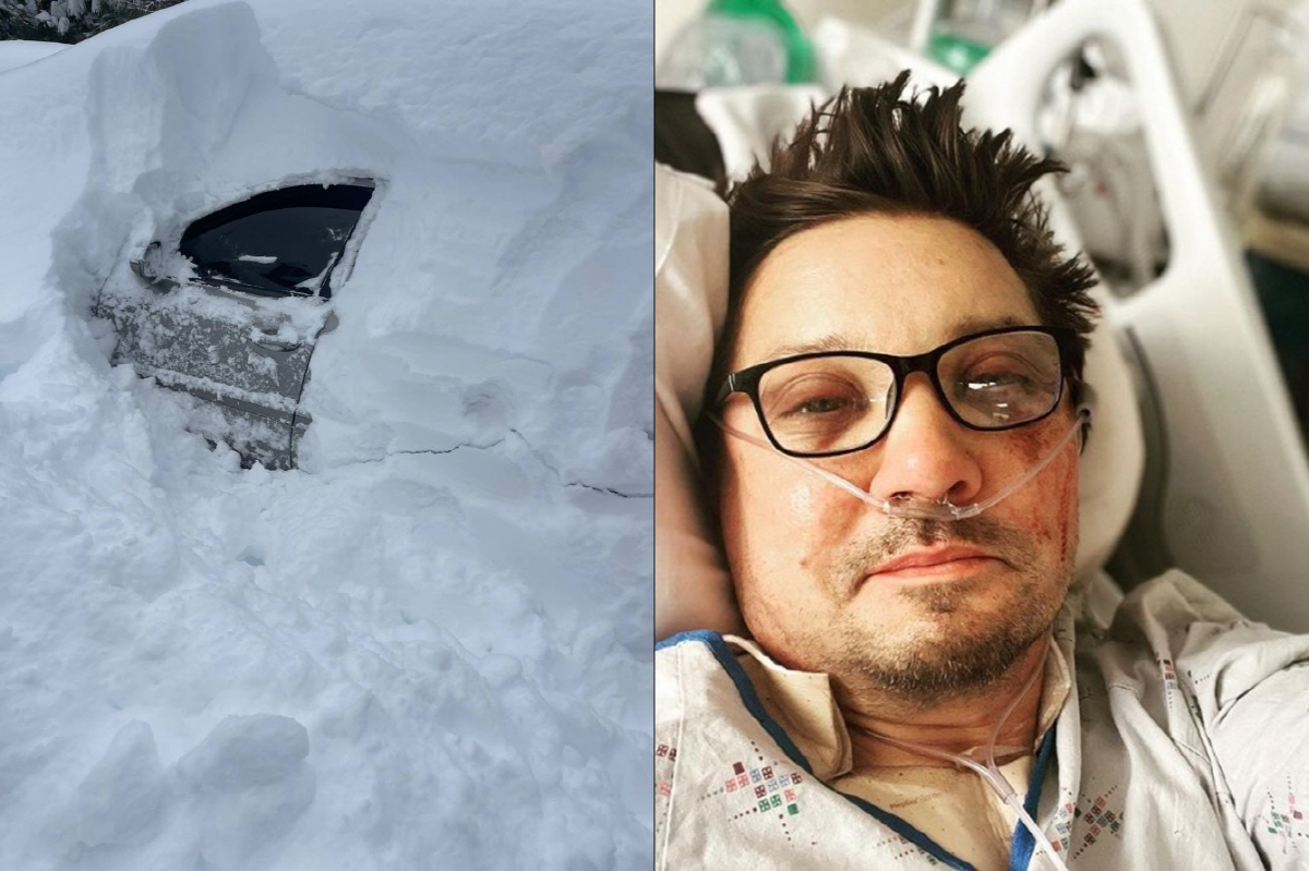 ▲제레미 레너가 13일(현지시간) 게재한 타호 호수 폭설 사진과 4일(현지시간) 올린 근황(출처=제레미 레너 트위터와 인스타그램)
