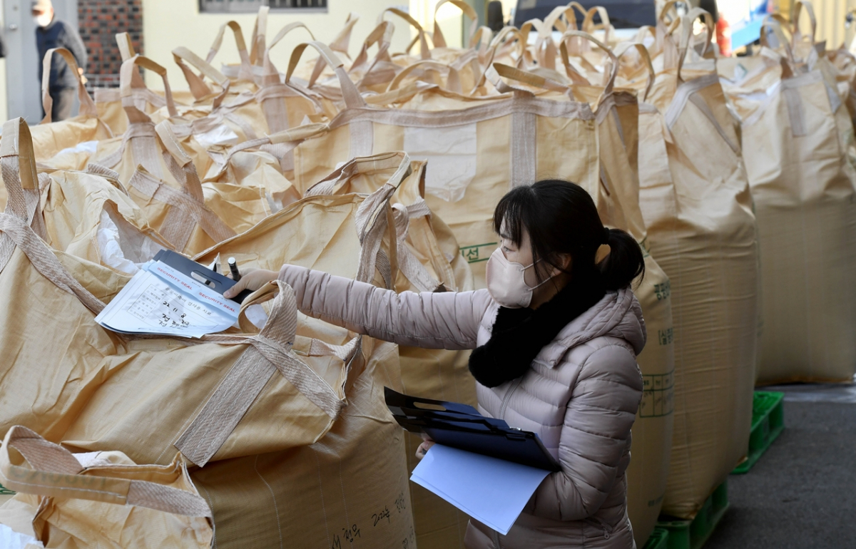 ▲매입 검수가 진행 중인 2022년산 공공비축미곡. (뉴시스)