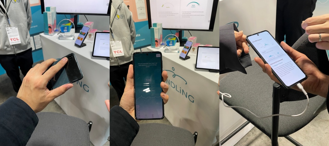 ▲마인들링 서비스를 직접 체험해본 모습. 카메라에 손가락을 가져다 대면 혈류를 분석해 스트레스 등 정신건강 상태를 분석한다. (강태우 기자 burning@)