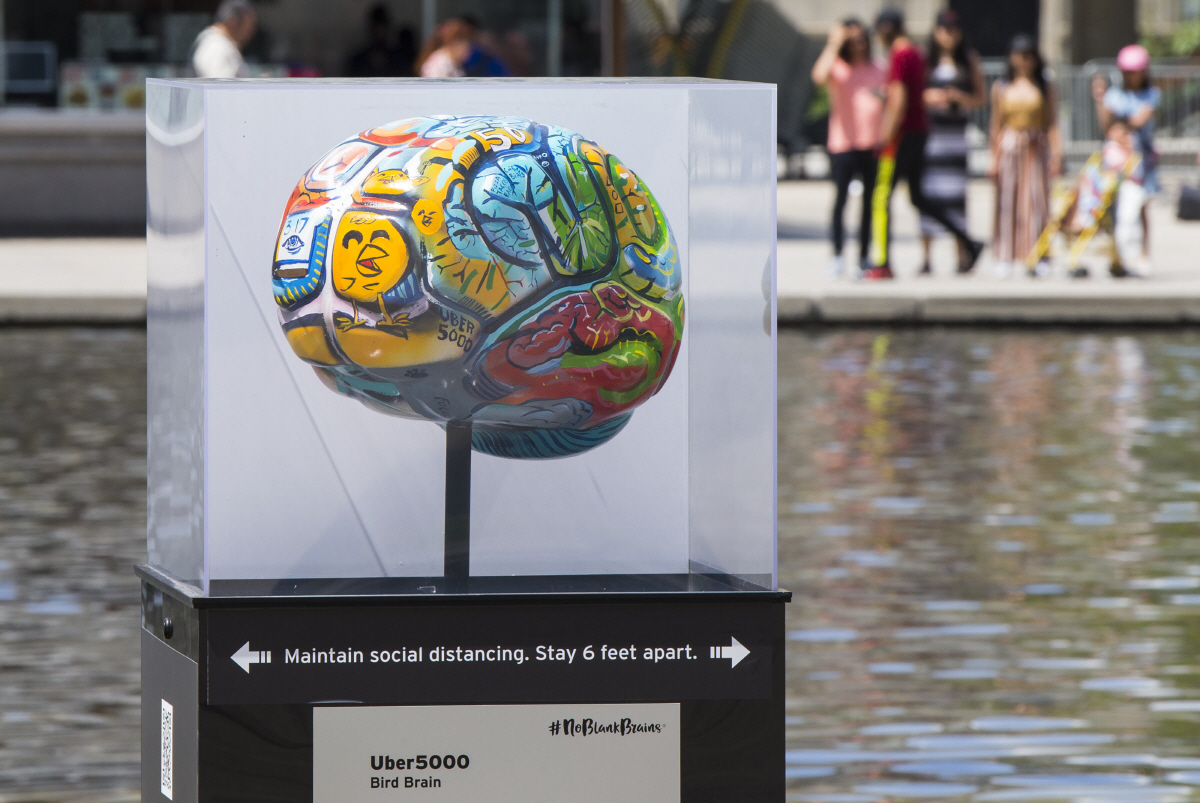 ▲캐나다 토론토의 한 전시장에 2021년 7월 21일 뇌와 관련한 작품이 전시돼 있다. 토론토(캐나다)/신화뉴시스