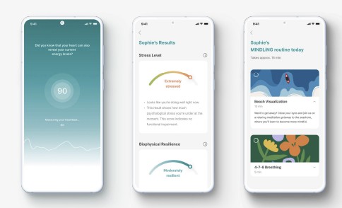 ▲마인들링은 스마트폰 카메라를 통해 HRV(심박변동수)를 측정하고, 이를 통해 현재 스트레스 상태와 회복력을 분석해 심리케어를 제안하는 서비스를 제공한다.  (제공=포티파이)