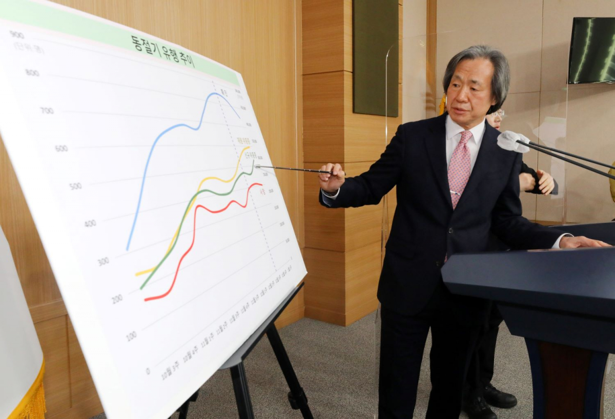 ▲정기석 코로나19 특별대응단장 겸 국가 감염병 위기대응 자문위원장이 9일 오전 서울 종로구 정부서울청사 별관에서 코로나19 중앙재난대책본부 정례 브리핑을 하고 있다.  (뉴시스)