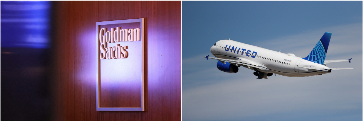 ▲골드만삭스 회사 로고와 유나이티드 소속 여객기가 보인다. AFP연합뉴스·AP뉴시스
