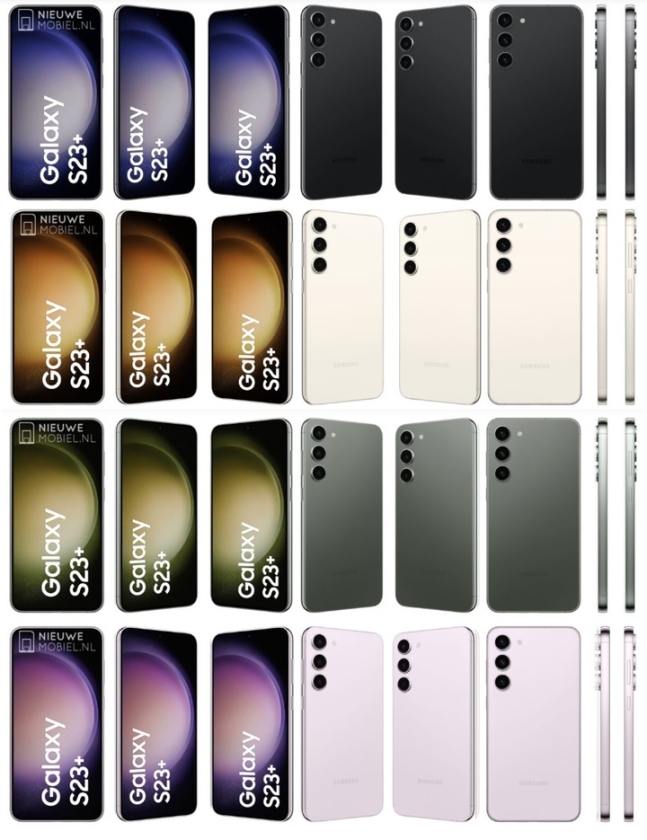 ▲갤럭시 S23 플러스 렌더링 이미지. 위쪽부터 팬텀 블랙, 코튼 플라워(크림), 보타닉 그린, 미스티 라일락 컬러. (출처=뉴모바일 캡쳐)