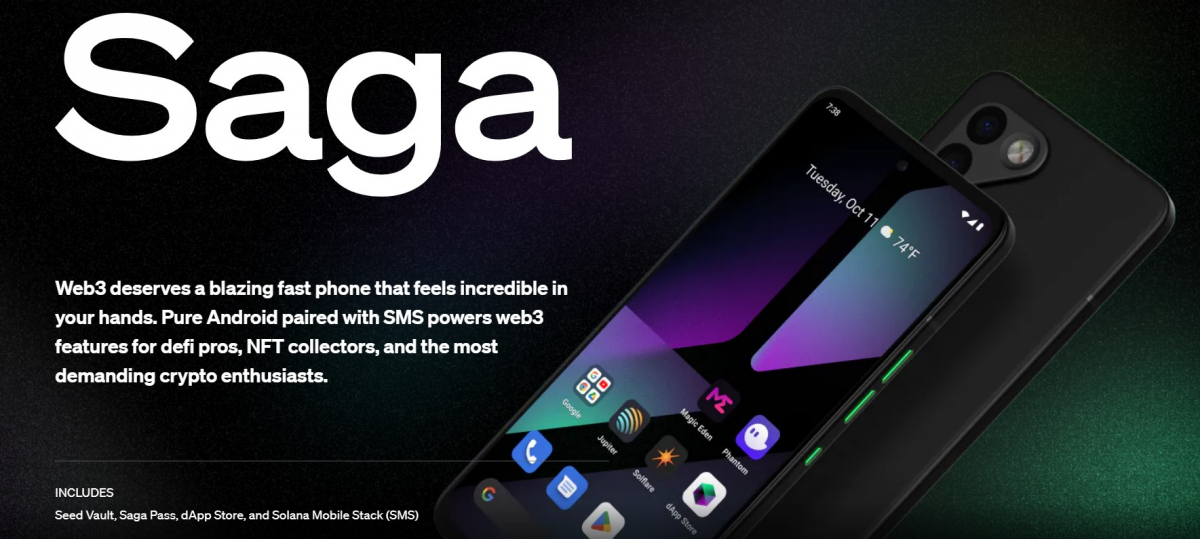 ▲솔라나 디앱(dApp)에 특화되어 있는 웹3 스마트폰 ‘사가’.  (출처=솔라나 사가 홈페이지 캡처)