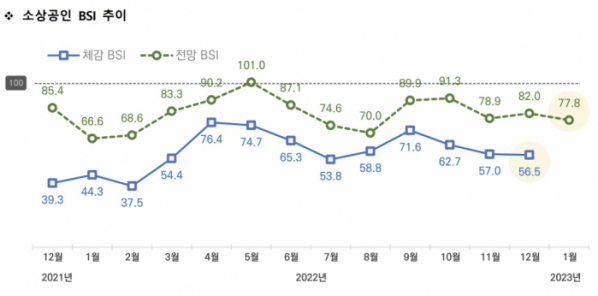 ▲소상공인 체감·전망 경기 지수(BSI) 추이 (사진제공=소상공인시장진흥공단)