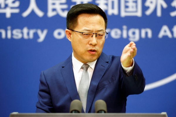 ▲자오리젠 중국 외교부 대변인이 지난해 3월 18일 기자회견을 하고 있다. 베이징/로이터연합뉴스
