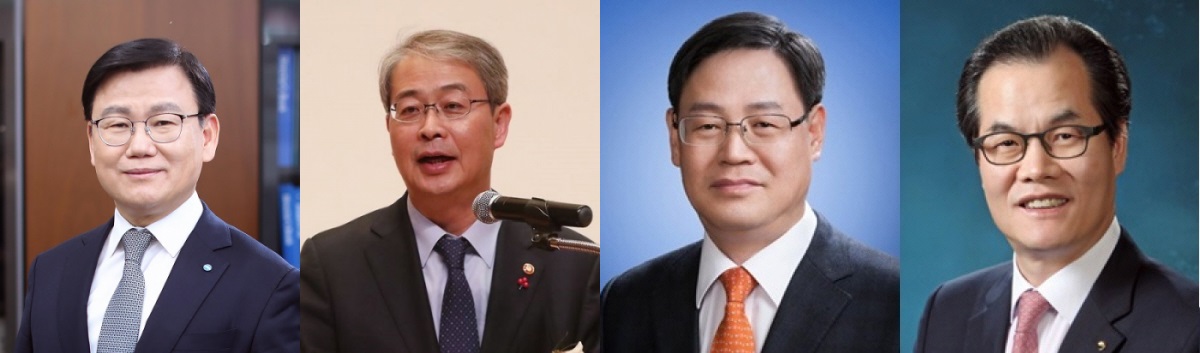 ▲(왼쪽부터 순서대로)이원덕 우리은행장, 임종룡 전 금융위원장, 신현석 우리아메리카 법인장, 이동연 전 우리FIS 사장