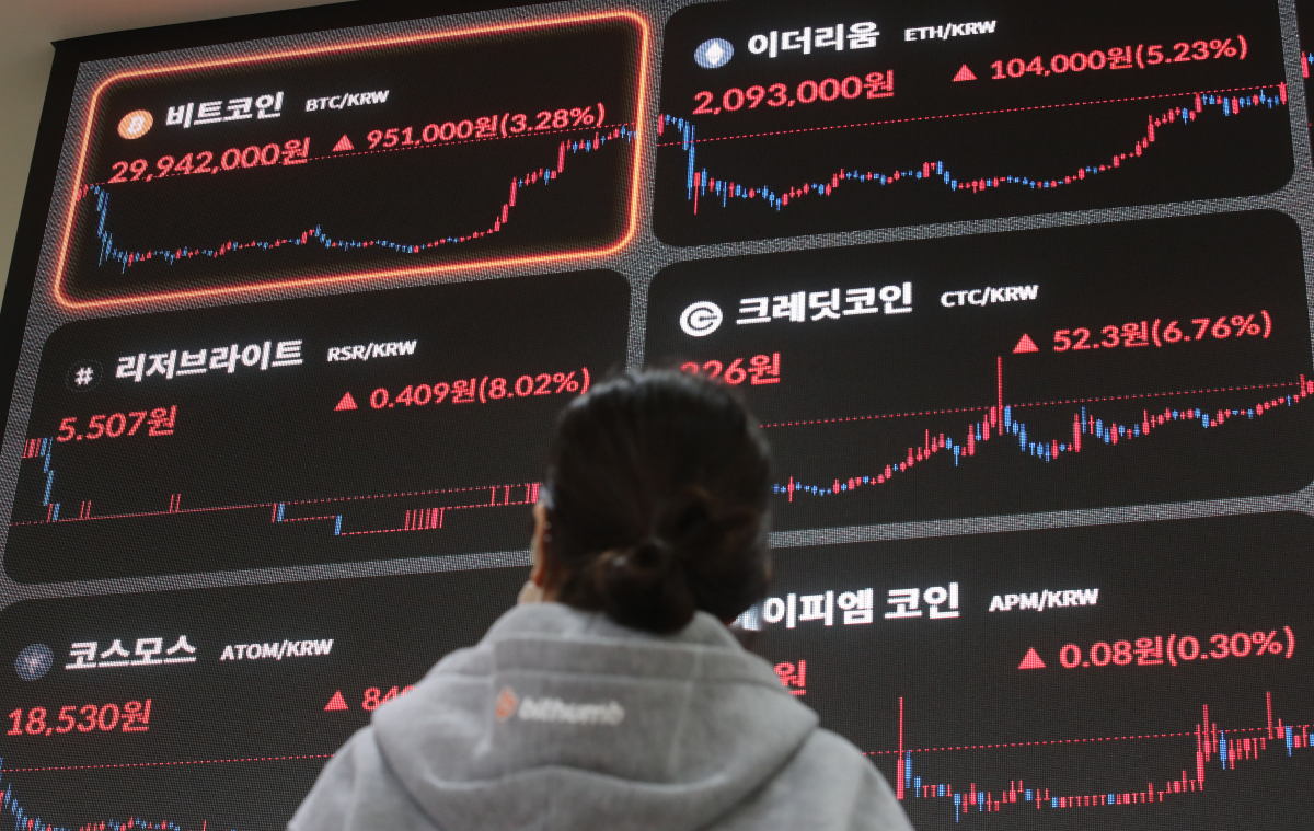 ▲2일 오전 서울 서초구 빗썸 고객센터 전광판에 비트코인 등 암호화폐 시세가 표시되고 있다. 제롬 파월 미 연방준비제도(Fed·연준) 의장이 1일(현지시간) 물가가 하락하고 있다고 언급한 후, 이날 비트코인 가격이 2만4000달러선을 돌파했다. (뉴시스)