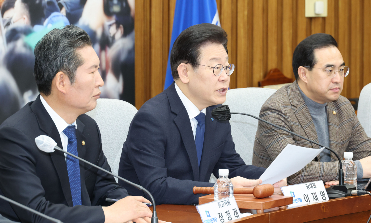 ▲이재명 더불어민주당 대표가 3일 오전 서울 여의도 국회에서 열린 확대간부회의에서 발언하고 있다. (국회사진기자단)