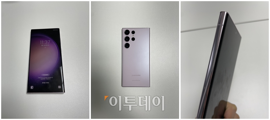 ▲갤럭시 S23 울트라 모델 라벤더 색상. 좌측부터 전면, 후면, 엣지 부분. (이다솜 기자 citizen@)