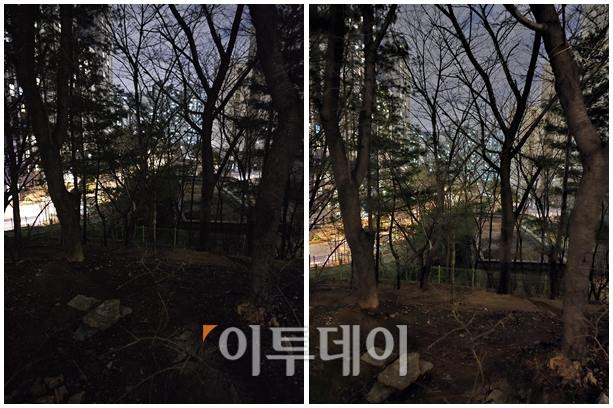 ▲좌측부터 갤럭시 S23 울트라 기본 카메라로 촬영한 사진과 나이토그래피(야간촬영 기능)을 활용해 촬영한 사진. (이다솜 기자 citizen@)