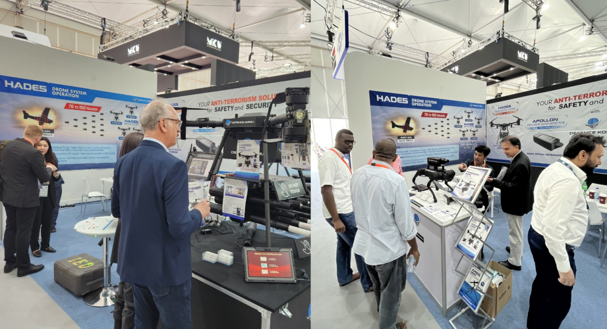 ▲소니드 자회사 디펜스코리아와 소니드로보틱스가 아랍에미리트(UAE) 아부다비에서 개최되는 국제 방위산업전시회(IDEX 2023)’에 참가한 부스 사진(소니드 제공)