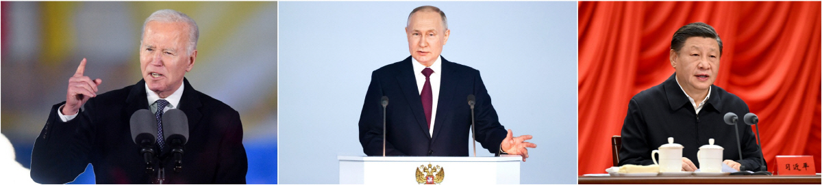 ▲왼쪽부터 조 바이든 미국 대통령, 블라디미르 푸틴 러시아 대통령, 시진핑 중국 국가주석. 신화·UPI·EPA연합뉴스