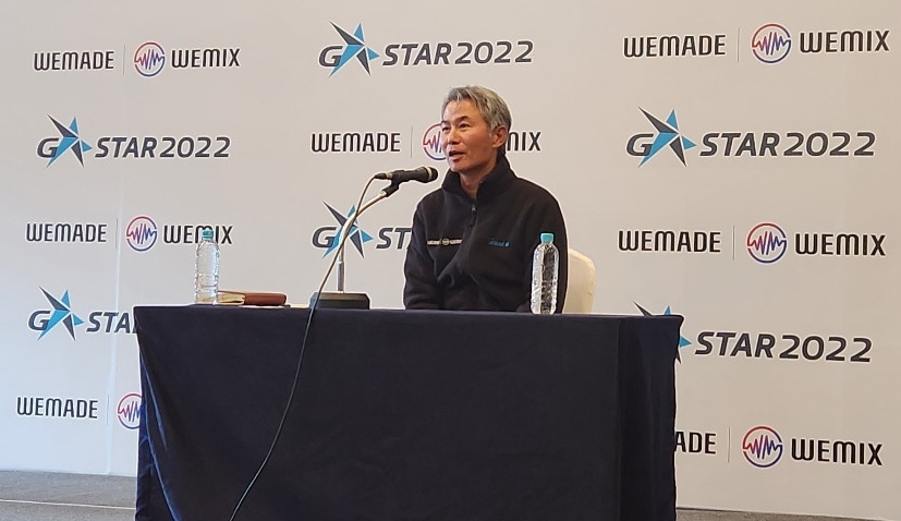 ▲지난해 11월 지스타2022에서 기자 간담회를 진행하고 있는 장현국 위메이드 대표. (이시온 기자 zion0304@)