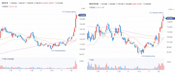 ▲에코프로, 에코프로비엠 일봉 차트 (네이버 증권)