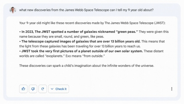 ▲“제임스 웹 우주망원경(JWST)에 관해 9살 아이에게 설명할 수 있는 새로운 발견은 무엇이 있나?”라는 질문에 대한 ‘바드’의 답변(출처=구글 트위터)
