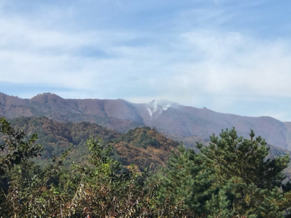 ▲2020년 10월 강원 고성군 현내면 마달리 DMZ 남한한계선 야산에서 산불이 나 연기가 피어오르고 있는 모습. (뉴시스)