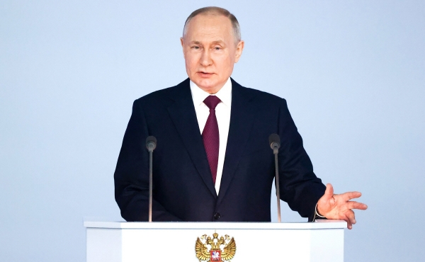 ▲블라디미르 푸틴 러시아 대통령이 21일(현지시간) 국정 연설하고 있다. 모스크바/UPI연합뉴스
