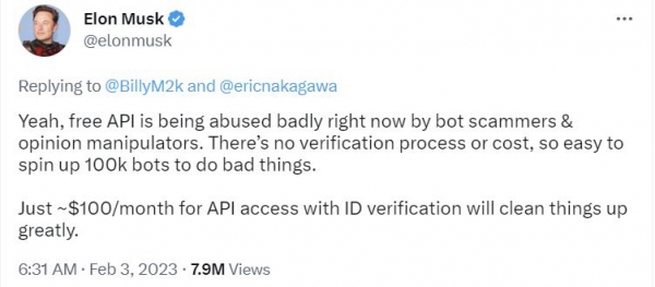 ▲일론 머스크 테슬라 최고경영자(CEO)가 3일(현지시간) API 유료화 방침에 대한 자신의 생각을 트위터에 올렸다. 트위터 캡처
