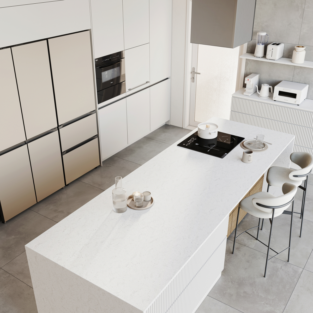 ▲'하이막스 그라빌라_ 스노우 패턴' 제품이 주방 상판에 적용된 주방 공간 모습. (사진제공=LX하우시스)