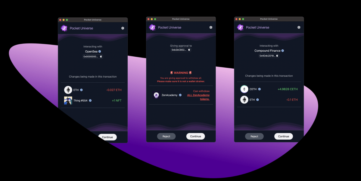 ▲'포켓유니버스'는 트랜잭션에 문제가 있을 경우 위험성을 경고해준다. (출처=포켓유니버스 홈페이지 갈무리)