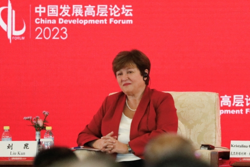 ▲크리스티나 게오르기에바 국제통화기금(IMF) 총재가 26일 중국발전고위급포럼에 참석했다. 베이징(중국)/로이터연합뉴스
