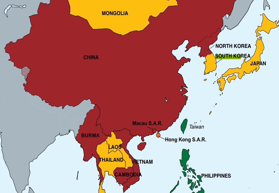 ▲지난해 7월 공개된 미 국무부 '2022 인신매매 보고서'에서 우리나라가 2등급(노란색)을 부여받은 모습. 대만은 1등급, 중국과 북한은 3등급이다.  (미 국무부 '2022 인신매매 보고서')