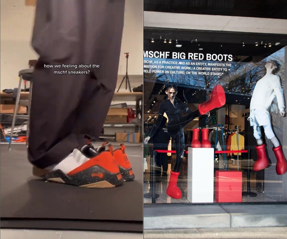 ▲미스치프가 출시할 예정인 ‘앞 뒤 없는 운동화’ BWD(왼쪽)와 2월 16일 출시한 ‘빅 레드 부츠’(출처=미스치프 인스타그램 캡처)
