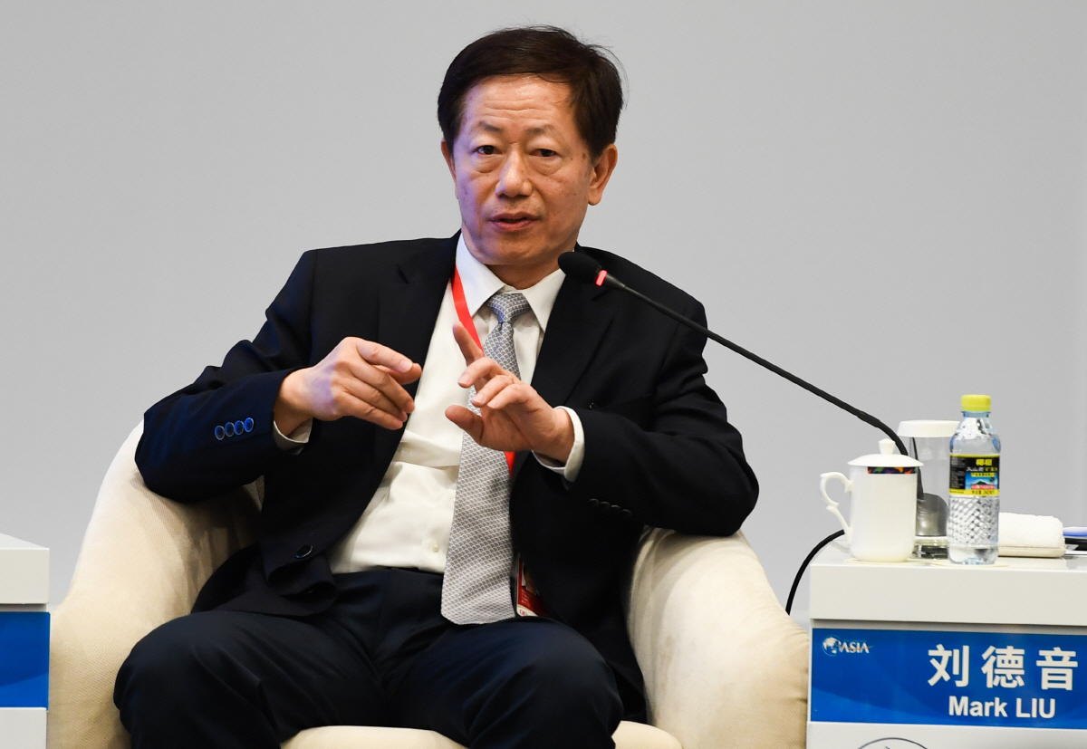 ▲류더인 TSMC 회장이 2018년 4월 11일 보아오포럼에서 발언하고 있다. 보아오(중국)/신화뉴시스