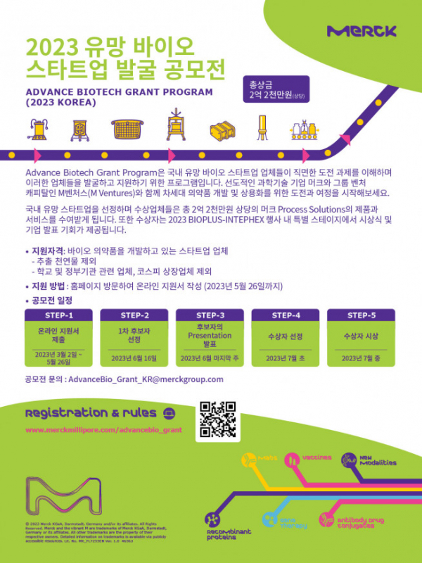 ▲머크라이프사이언스가 제1회 ‘2023 유망 바이오 스타트업 발굴 공모전(2023 Korea Advance Biotech Grant Program)’을 개최한다. (사진제공=머크라이프사이언스)