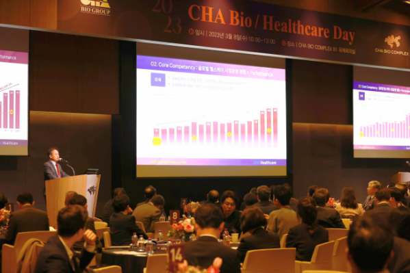 ▲오상훈 차바이오텍 대표가 'CHA Bio/Healthcare Day'에서 차헬스케어 사업 현황에 대해 발표하고 있다. (사진제공=차바이오그룹)