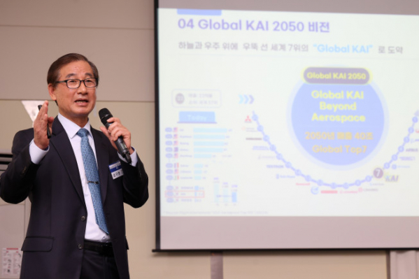 ▲KAI 강구영 사장이 글로벌 KAI 2050 비전 계획에 대해 설명하고 있다. (사진제공=KAI)