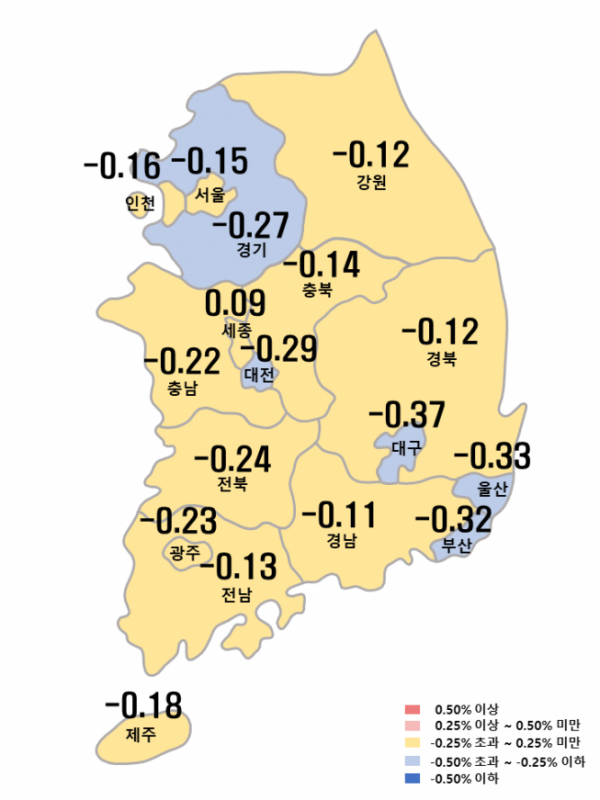 ▲2023년 3월 셋째 주 아파트값 매매가격지수 변동률 (자료제공=한국부동산원)