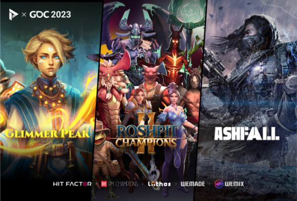 ▲위메이드가 GDC 2023에서 (왼쪽부터)히트 팩터(Glimmer Peak), PM 챔피온스(Roshpit Champions 2), 리토스(Ashfall) 등 3개 게임사와 MOU를 체결하고 '위믹스플레이'에 온보딩할 예정이라고 공개한 게임. (사진제공=위메이드)