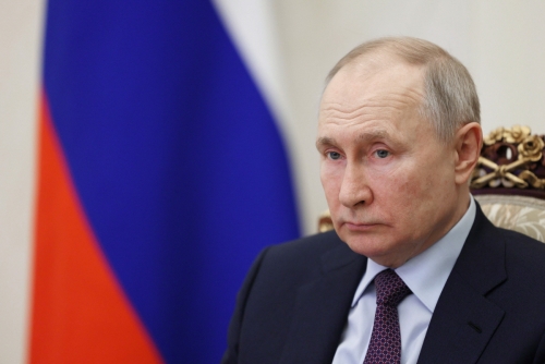 ▲블라디미르 푸틴 러시아 대통령이 지난달 30일 크렘린궁에서 화상회의를 하고 있다. 모스크바/AFP연합뉴스

