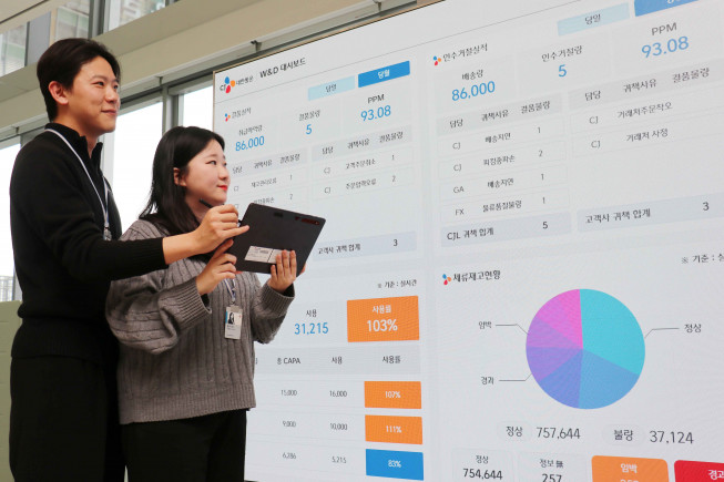 ▲CJ대한통운 직원이 새롭게 개발한 스마트 창고 관리 시스템 LoIS WMS를 소개하고 있다. (사진제공=CJ대한통운)