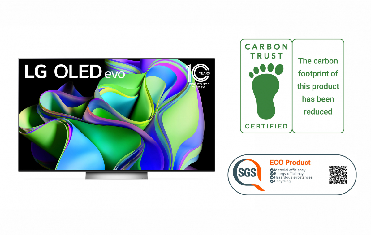▲2023년형 LG 올레드 에보가 세계 비영리 인증기관으로부터 연달아 환경 관련 제품 인증을 받았다. (사진 오른쪽 위부터) LG 올레드 에보가 획득한 카본트러스트 탄소저감 마크, SGS 인증 마크 (제공=LG전자)