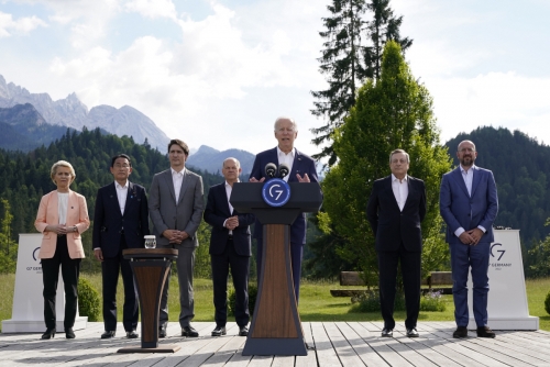 ▲지난해 6월 26일 조 바이든 미국 대통령이 독일 엘마우성에서 열린 주요 7개국(G7) 정상회담에서 발언하고 있다. 엘마우성(독일)/AP뉴시스
