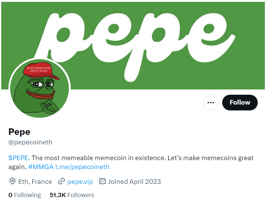▲페페코인은 '밈 대장'으로 불리는 '개구리 페페' 밈을 기반으로 시작한 밈 코인이다. (출처=페페코인 트위터)