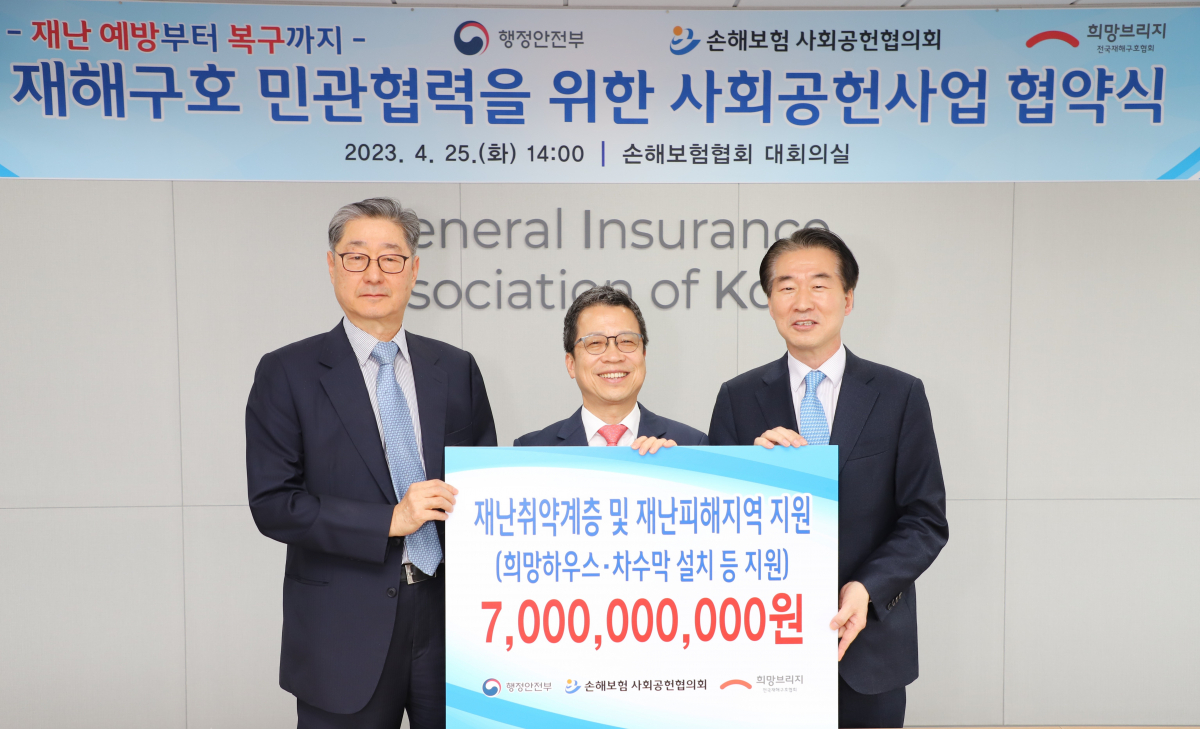 ▲(왼쪽부터) 전국재해구호협회 송필호 회장, 손해보험협회 정지원 회장, 행정안전부 김성호 재난안전관리본부장