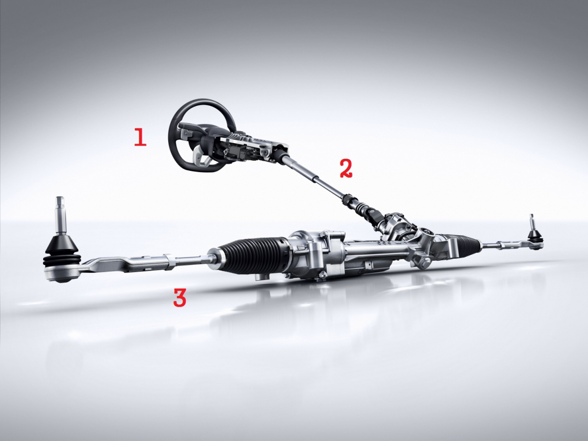 ▲자동차의 조향은 운전대(1번)의 회전력이 스티어링 칼럼(2번)을 거쳐 조향축(3번)을 좌우로 움직이며 완성된다. 최근에는 유압식 대신 전동식이 대세다. 뒷바퀴 조향은 1번과 2번이 없이 3번만 장착돼 있다. 전기신호에 따라 조향각과 방향 등을 결정한다. 자율주행차가 발달하면 앞뒤 모두 3번만 장착되는 셈이다.  (출처=뉴스프레스UK)