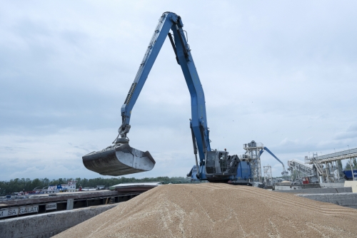 ▲우크라이나 이즈마일 곡물항에서 26일(현지시간) 곡물이 화물선에 실리고 있다. 이즈마일/AP연합뉴스
